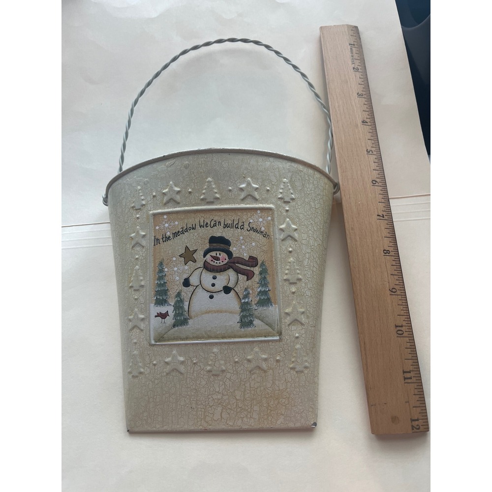 Snowman Metal Wall Pocket Hanging Bucket Christmas Crackle Finish Winter Decor
